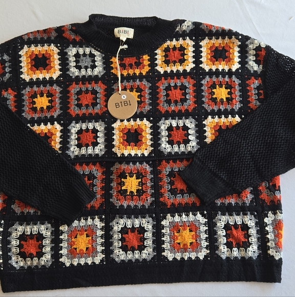 🏷️BiBi Crochet Patchwork Top Granny Square Open Knit Pullover Long Sleeve LG - Picture 5 of 12